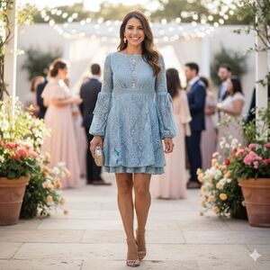 Free People Turquoise Blue Lace Long Bubble Sleeve Summer Mini Dress - S